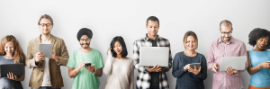 A row of users with portable devices